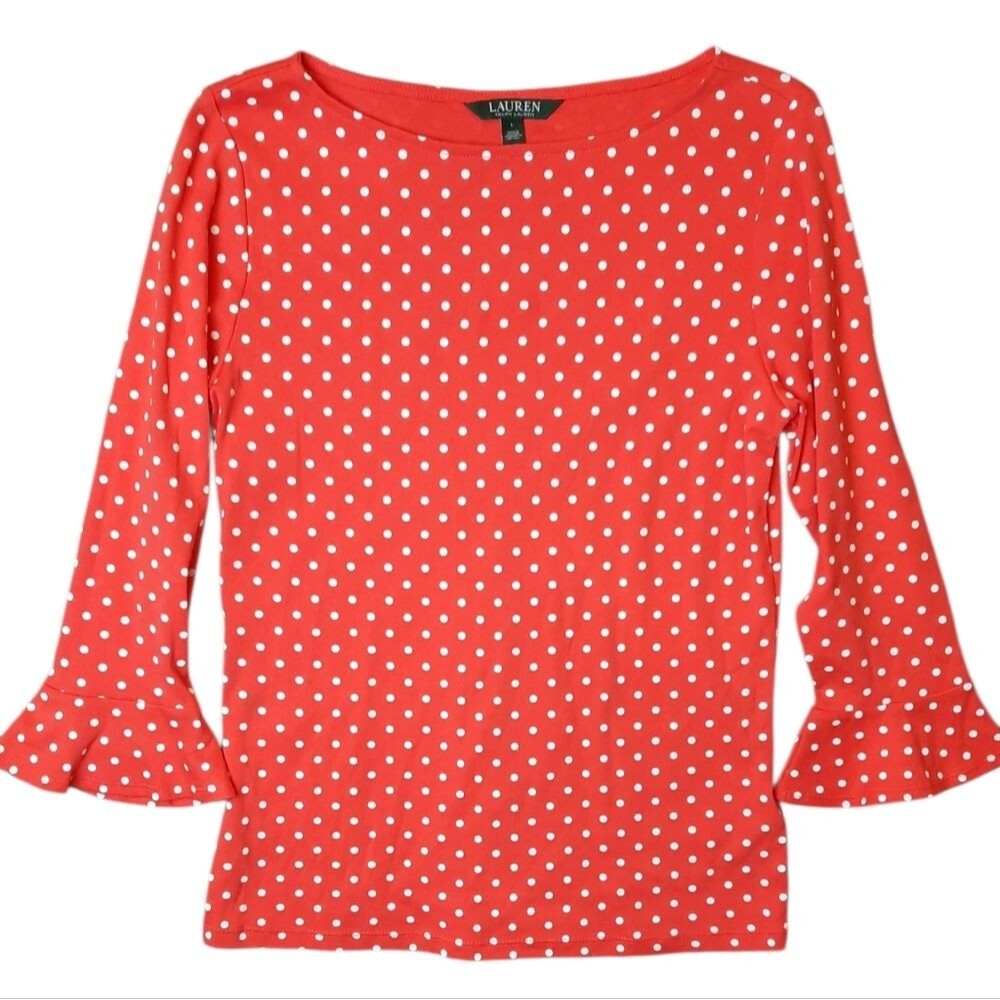 Lauren Ralph Lauren Blouse Womans Large Red Polka Dot Preppy Business Casual